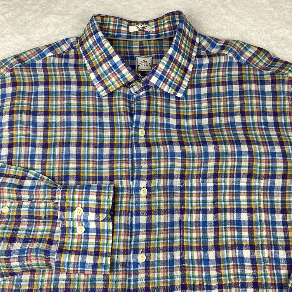 Peter Millar Shirt Mens XL‎ Multicolor Plaid 100% Linen Long Sleeves
